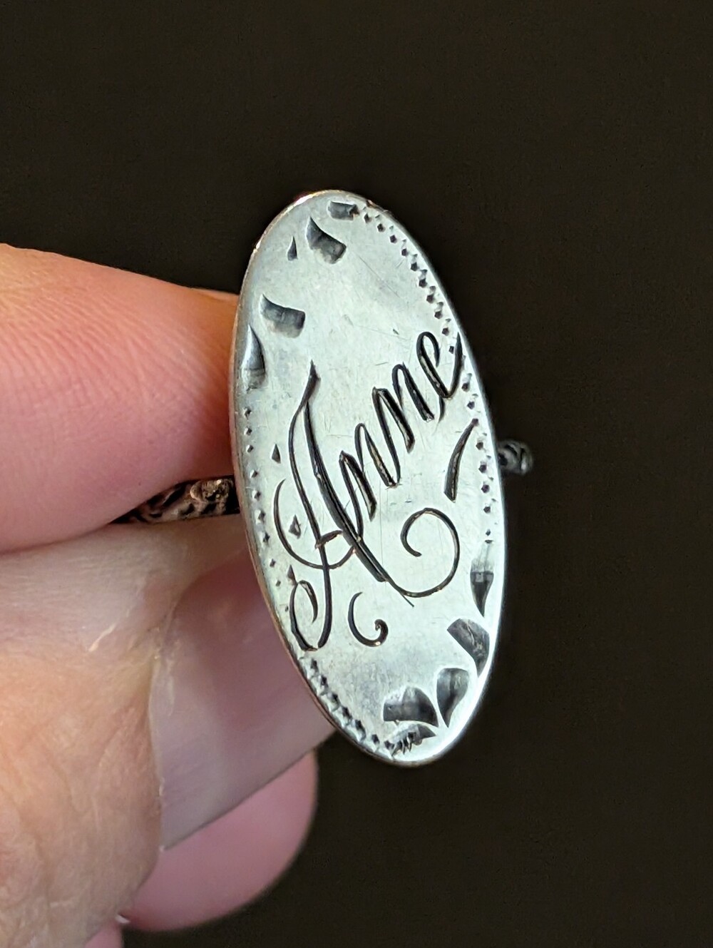 Antique Sterling Silver Oval Signet Ring Engraved - Anne - Pinky Ring - Size 5